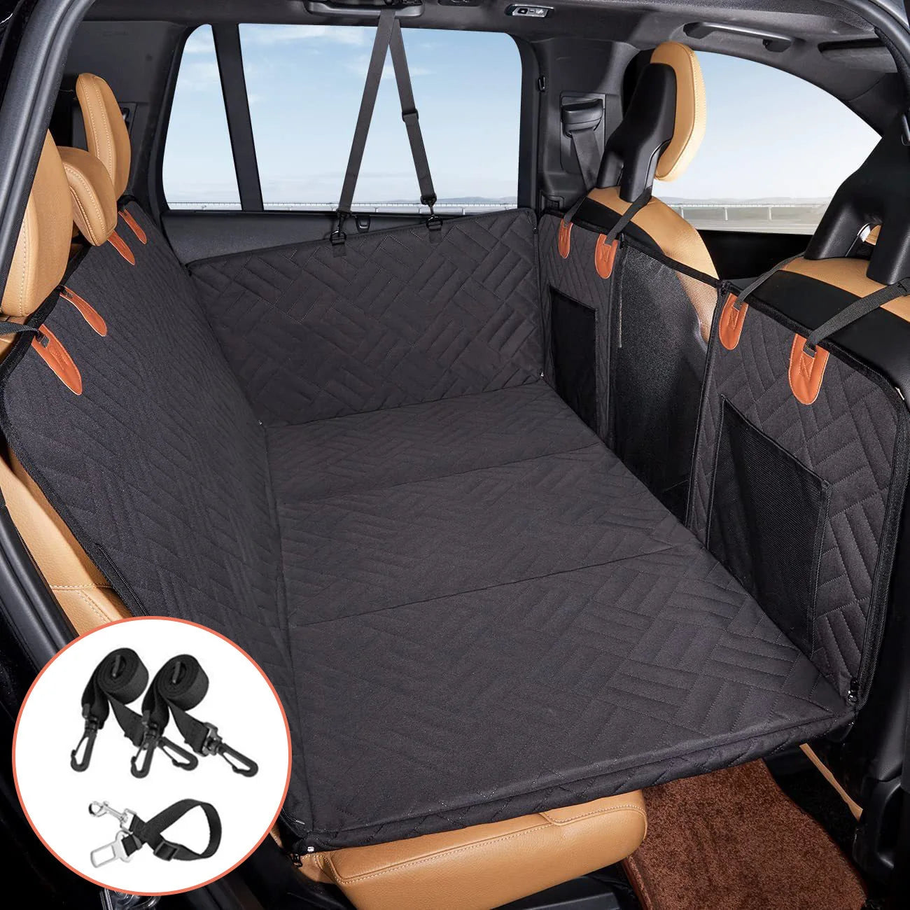 A black waterproof quilted car seat cover for dogs