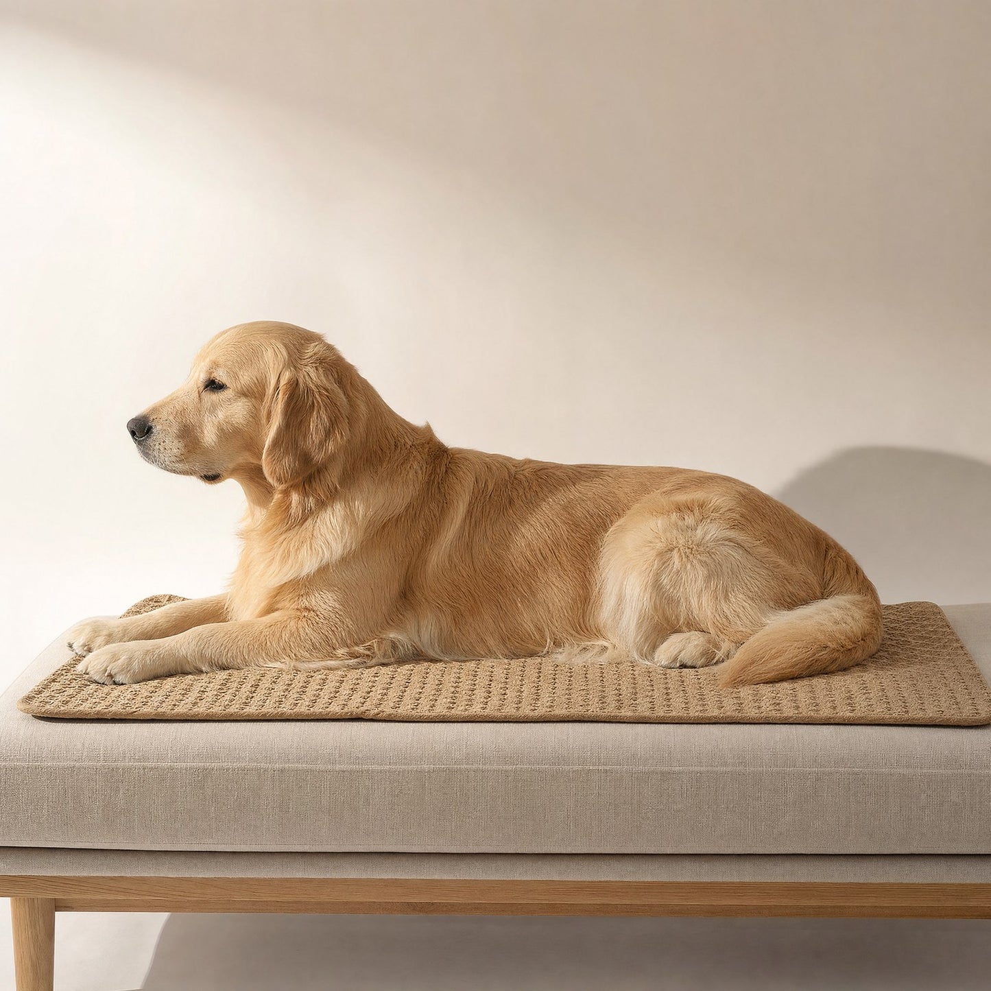 A golden retriever on the mat, showing its true size