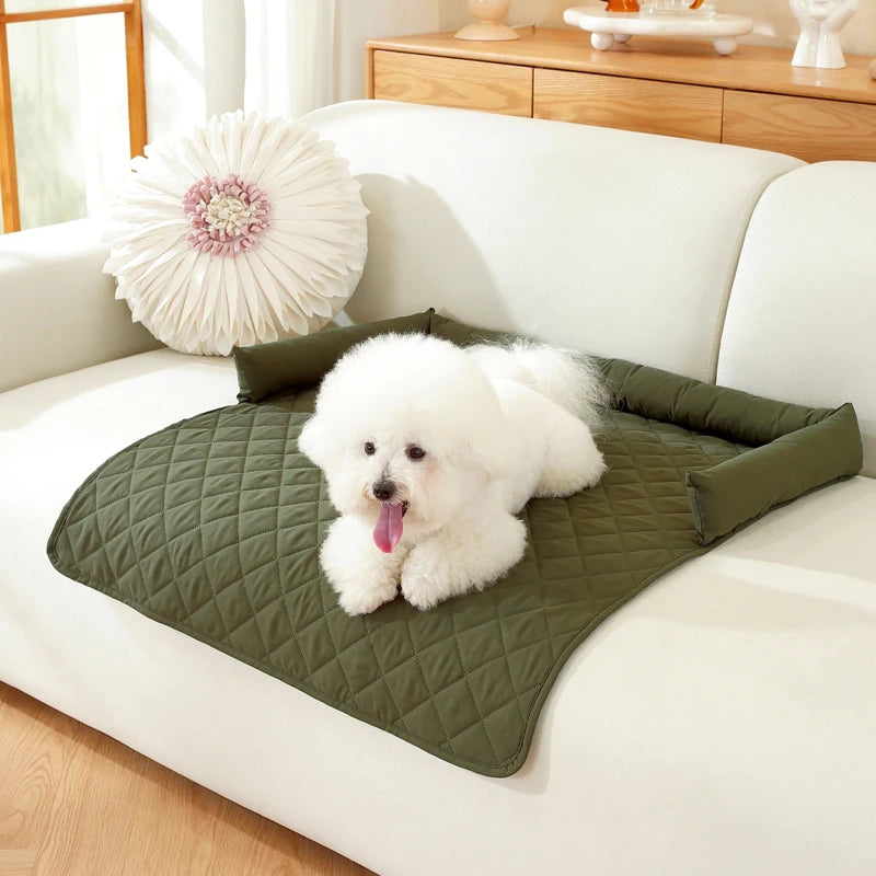 The forest green colourway of the dog bed cover with neck pillow