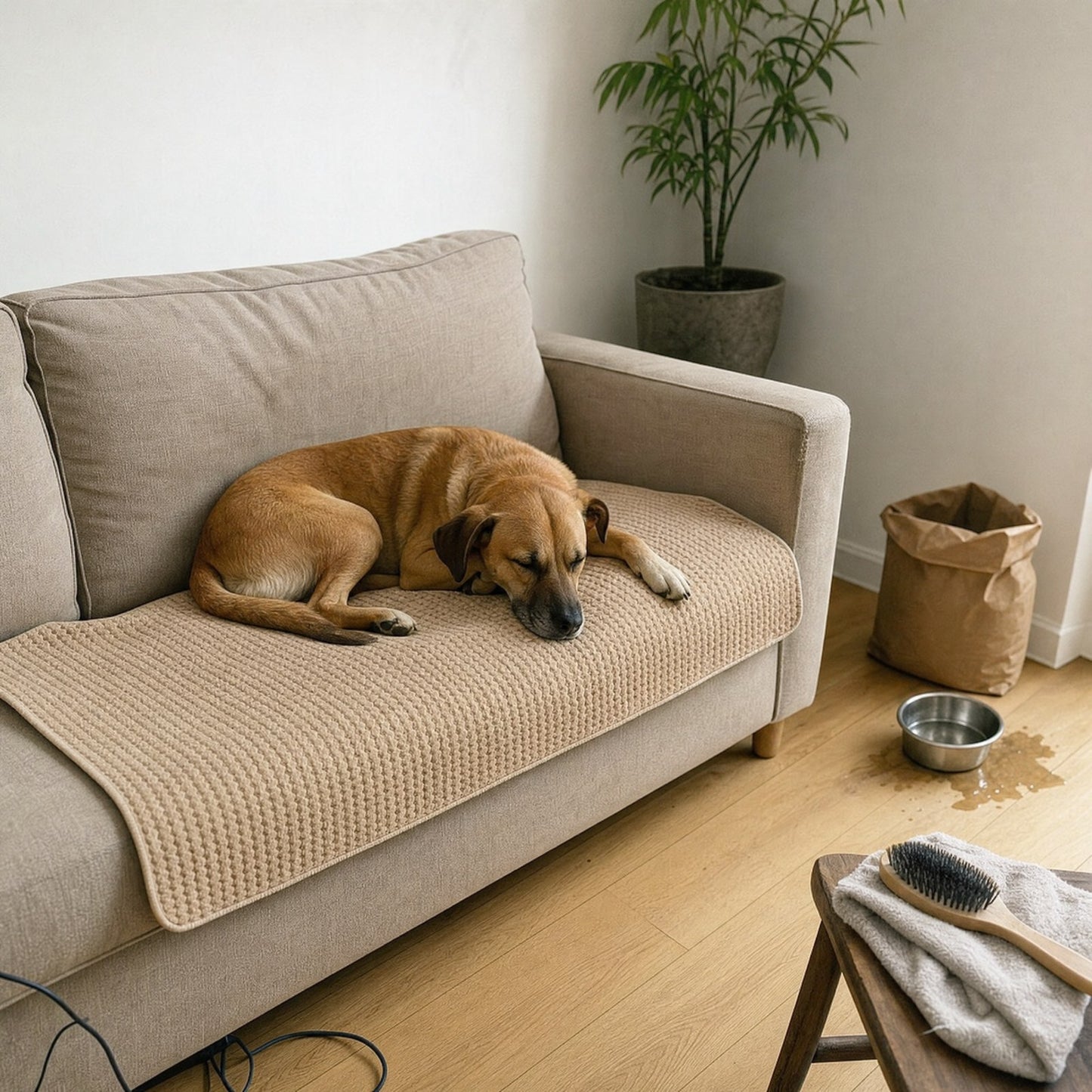A dog asleep on the mat spread over a sofa seat