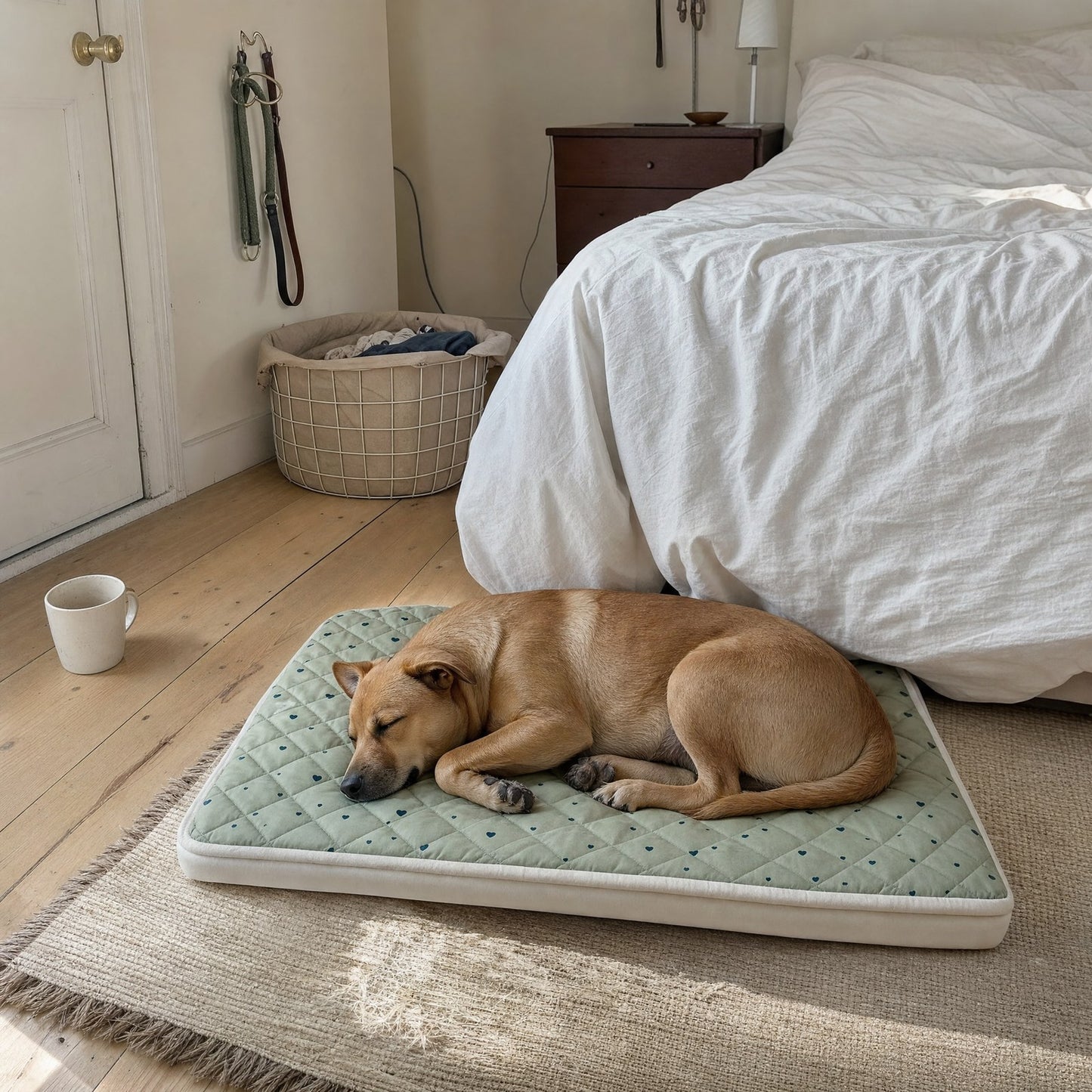 A dog asleep on the mat at the foot of a bed