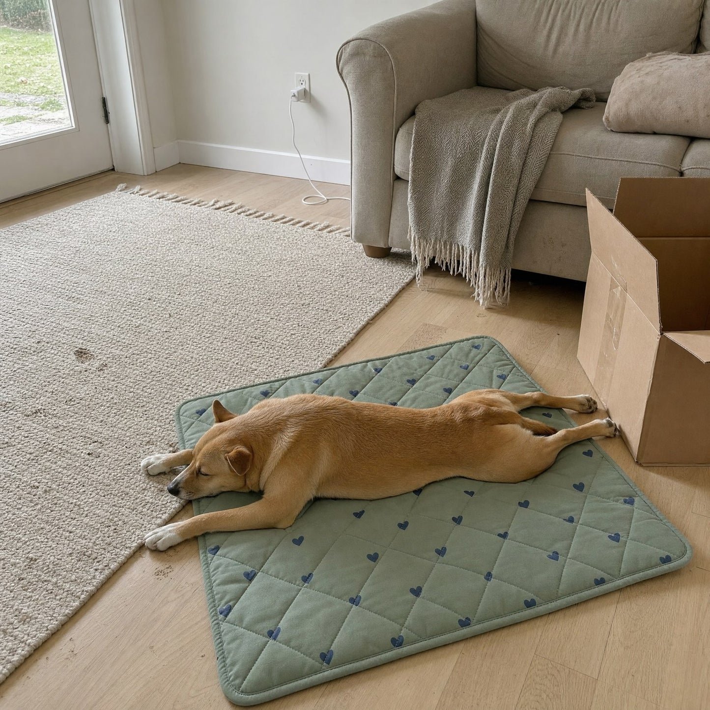 On a hot day the dog has left the rug and moved onto the mat