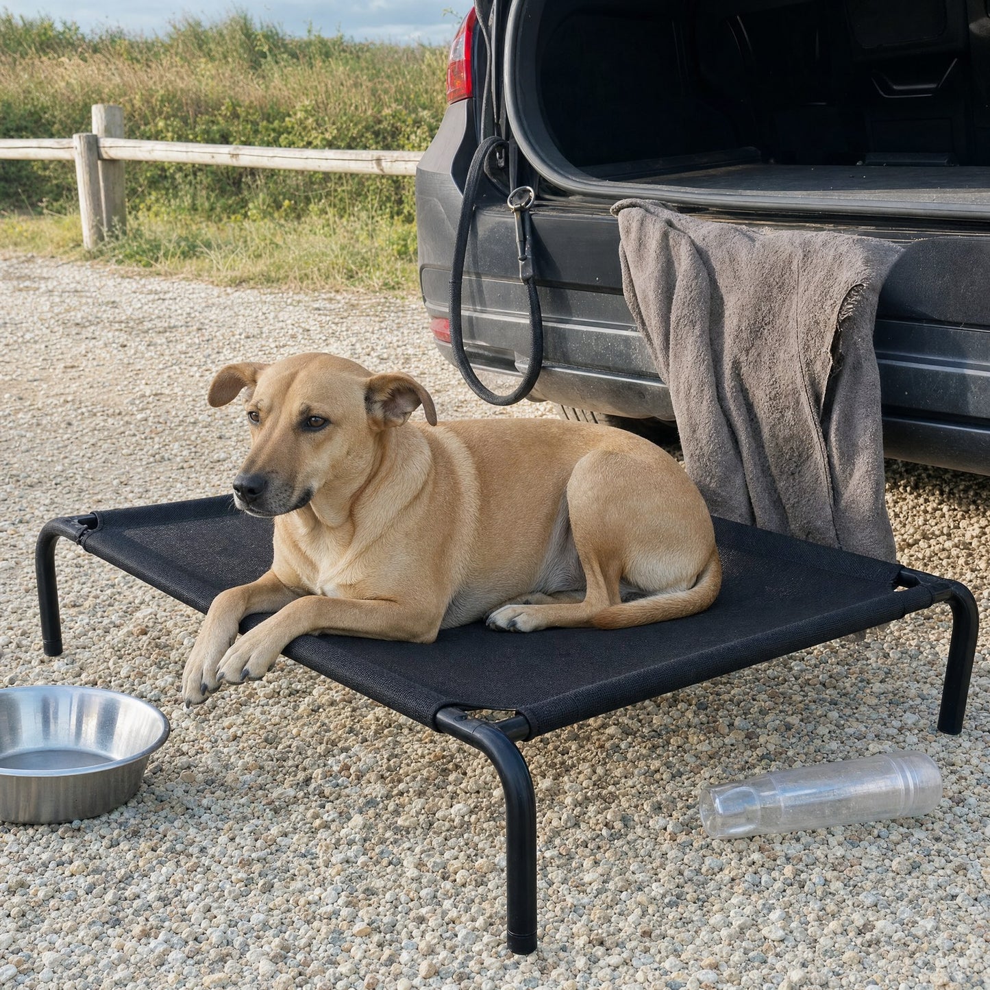 The cot set up on gravel beside an open car boot