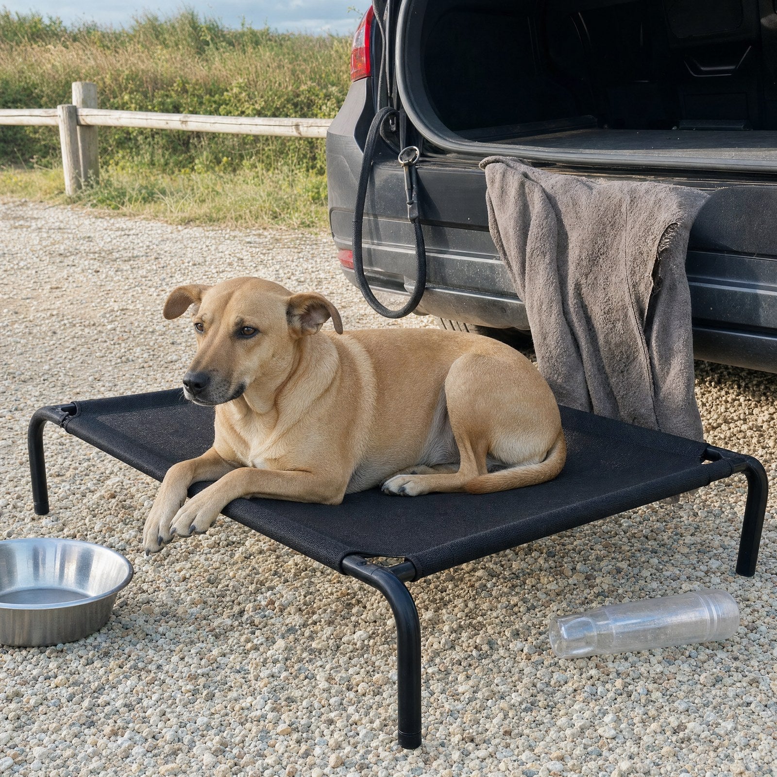 The cot set up on gravel beside an open car boot