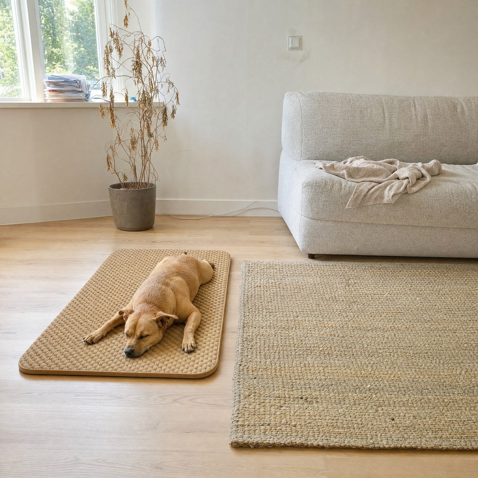 On a hot day the dog has left the rug and moved onto the mat