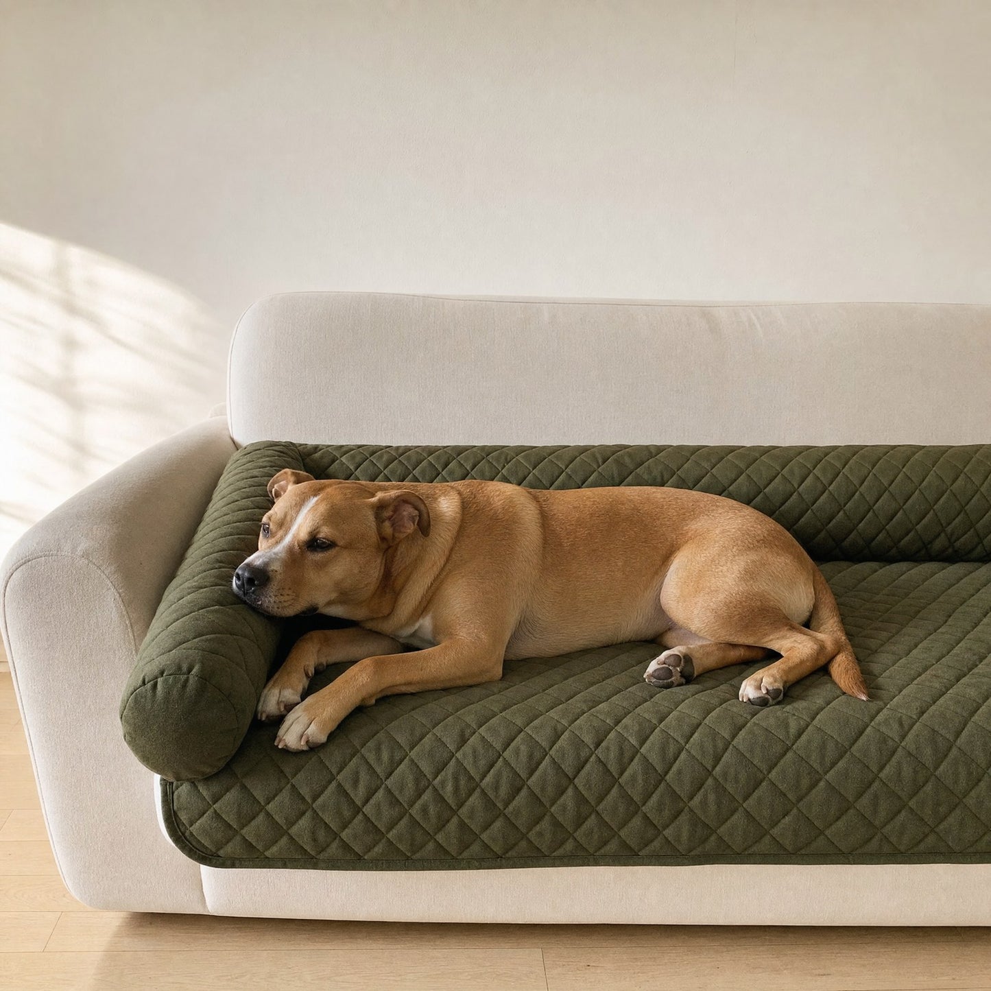 A dog resting its chin on the bolster roll of a moss green couch cover