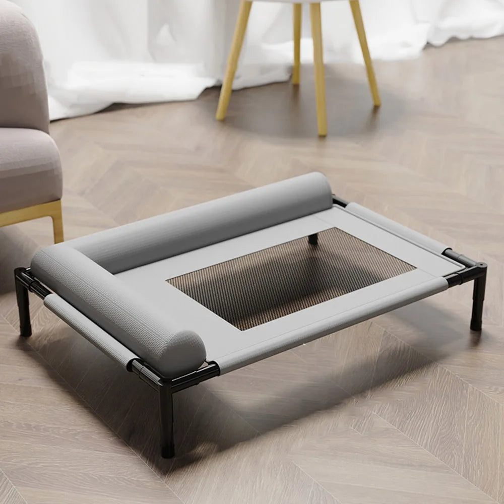 A raised dog bed on legs