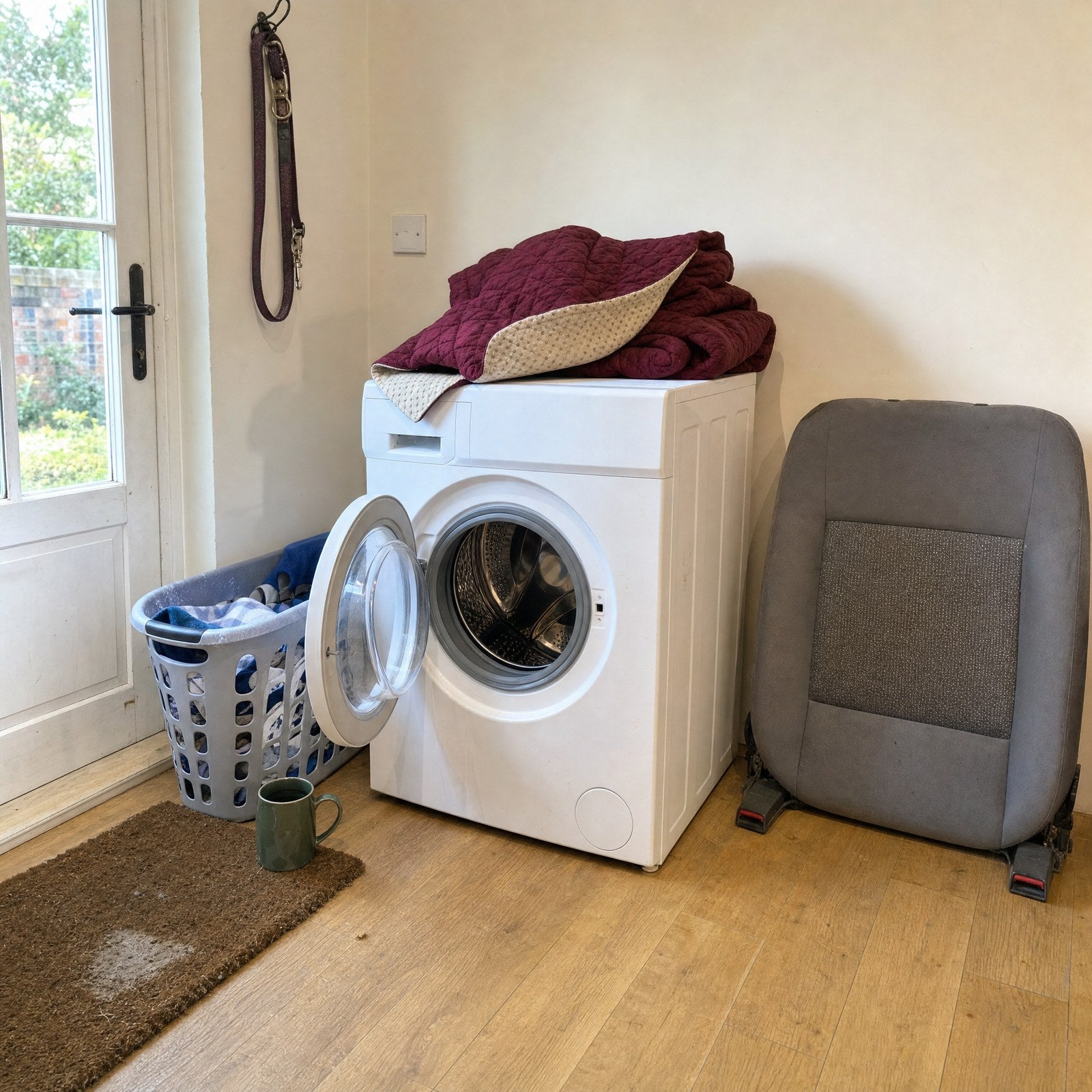 The throw taken off and ready for the machine, the bare seat beside it