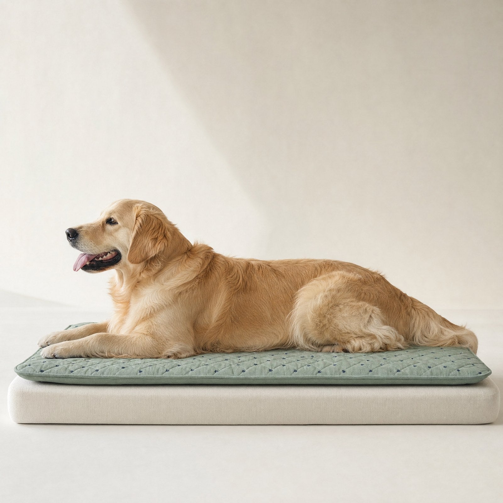 A golden retriever beside the mat, showing its true size