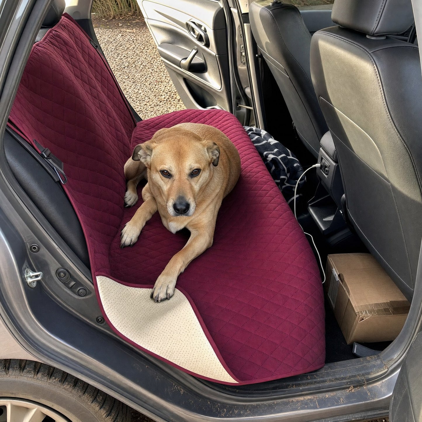 A dog on the throw across a car back seat, door open