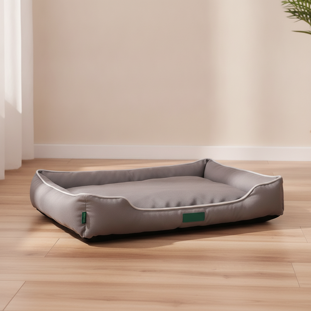 The bed in a room, on a wooden floor