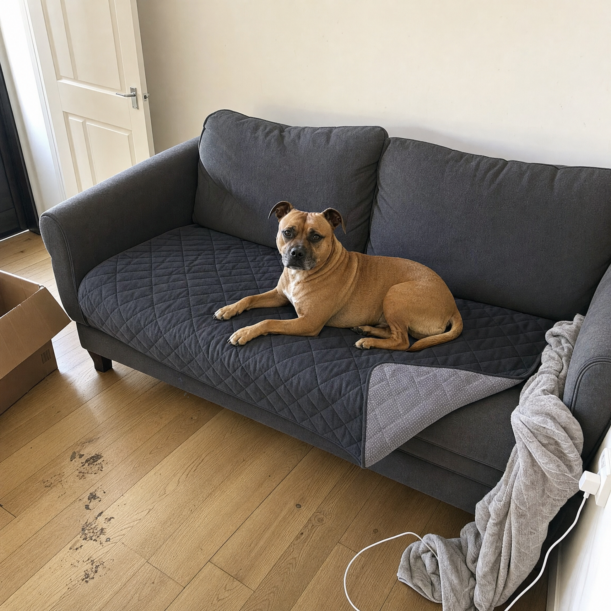 The charcoal quilted cover on a sofa seat with a dog lying on it
