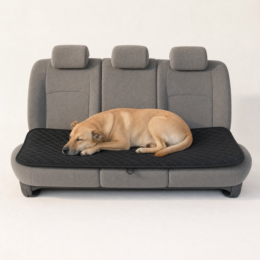 A dog asleep on the black quilted pad laid across a car bench seat
