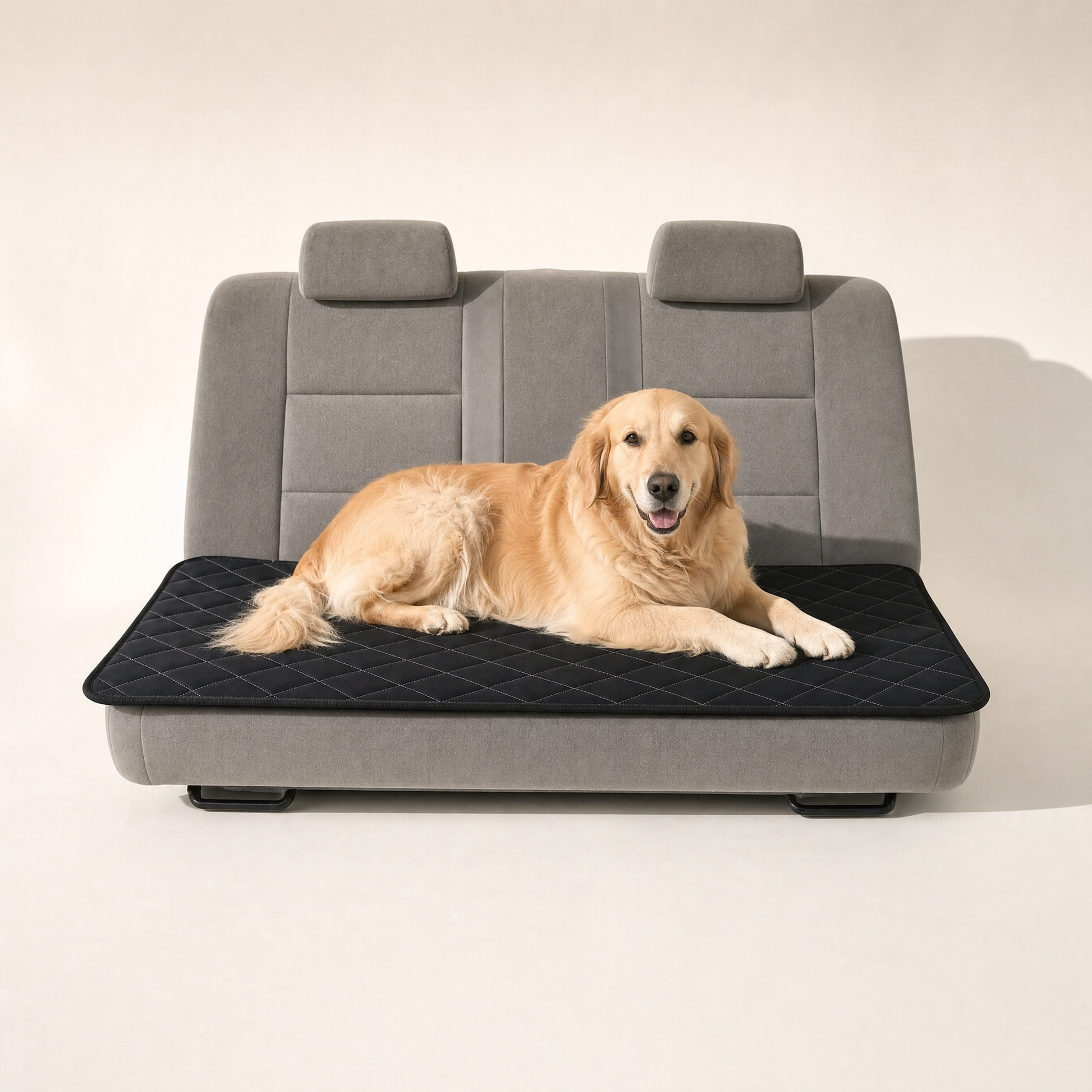 A golden retriever lying full length on the pad, showing its size