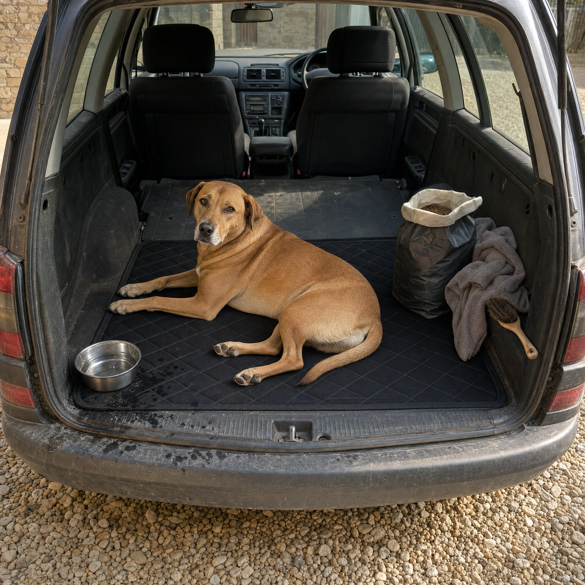 The pad covering the load floor of an estate car boot with a dog lying on it