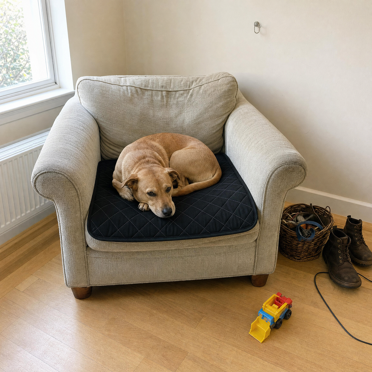 The pad on an armchair seat with a dog curled up on it