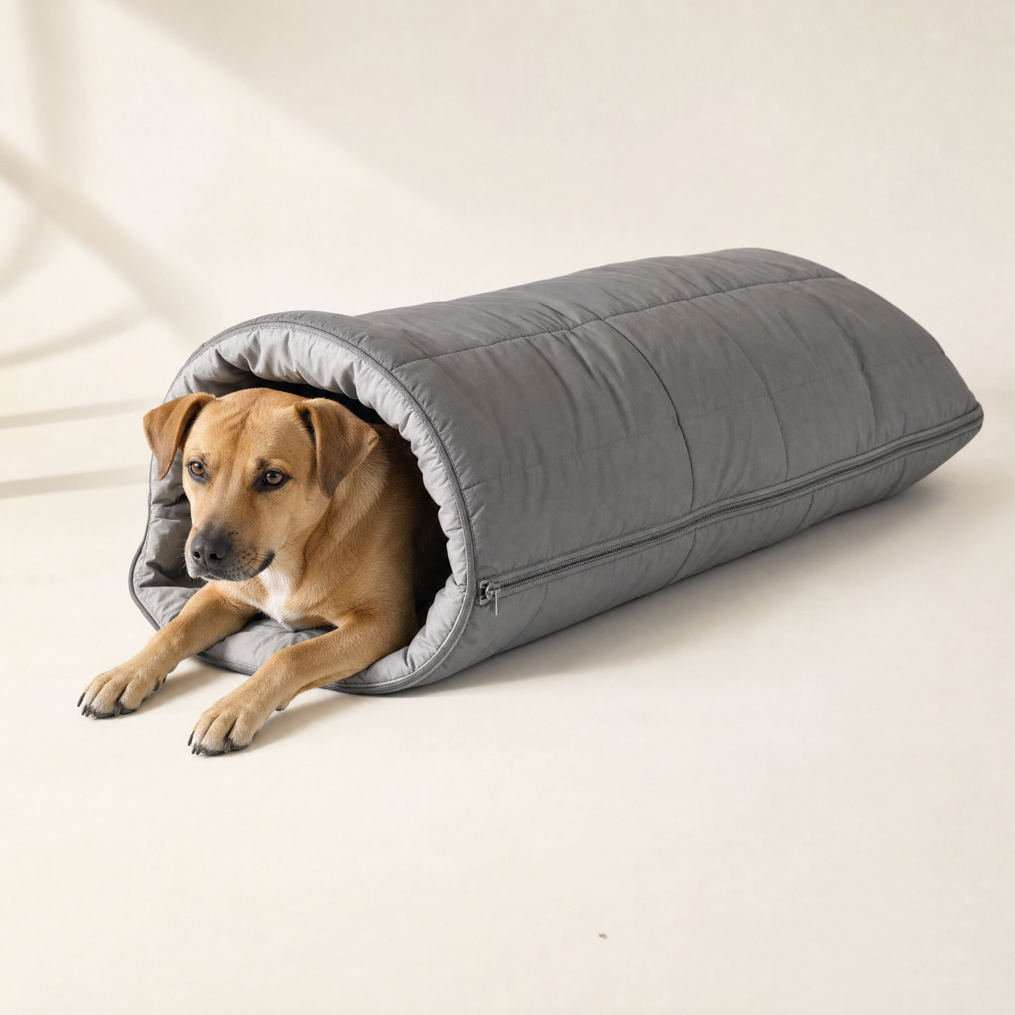A dog lying half inside the grey quilted sleeping bag, head and front paws out of the hooded opening