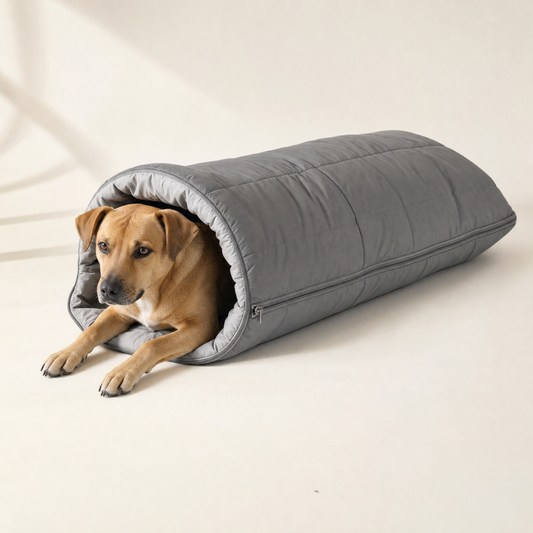 A dog lying half inside the grey quilted sleeping bag, head and front paws out of the hooded opening