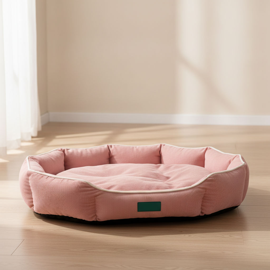 The bed in a room, on a wooden floor
