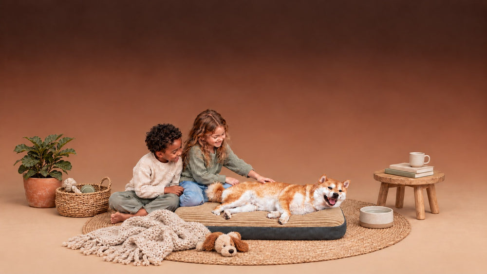Two young children sit on a jute rug beside a khaki corduroy dog bed, stroking a Shiba Inu lying on it, with a plant, a toy basket and a wooden stool around them