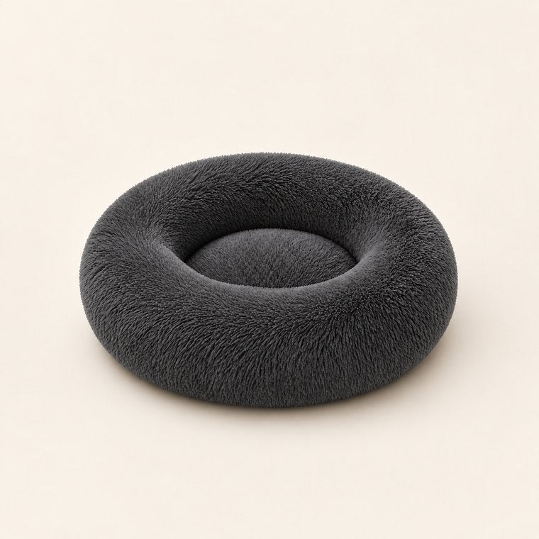 Long-Pile Donut Dog Bed in Dark Gray