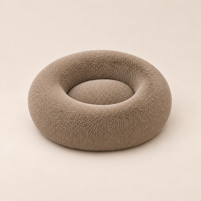 Long-Pile Donut Dog Bed in Khaki