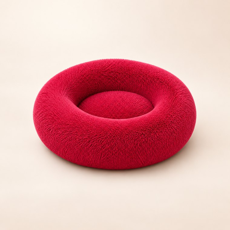 Long-Pile Donut Dog Bed in Rose Red
