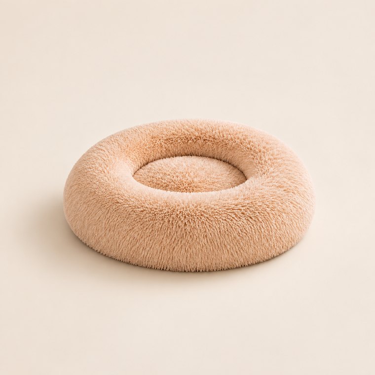 Shaggy Plush Donut Dog Bed in Apricot