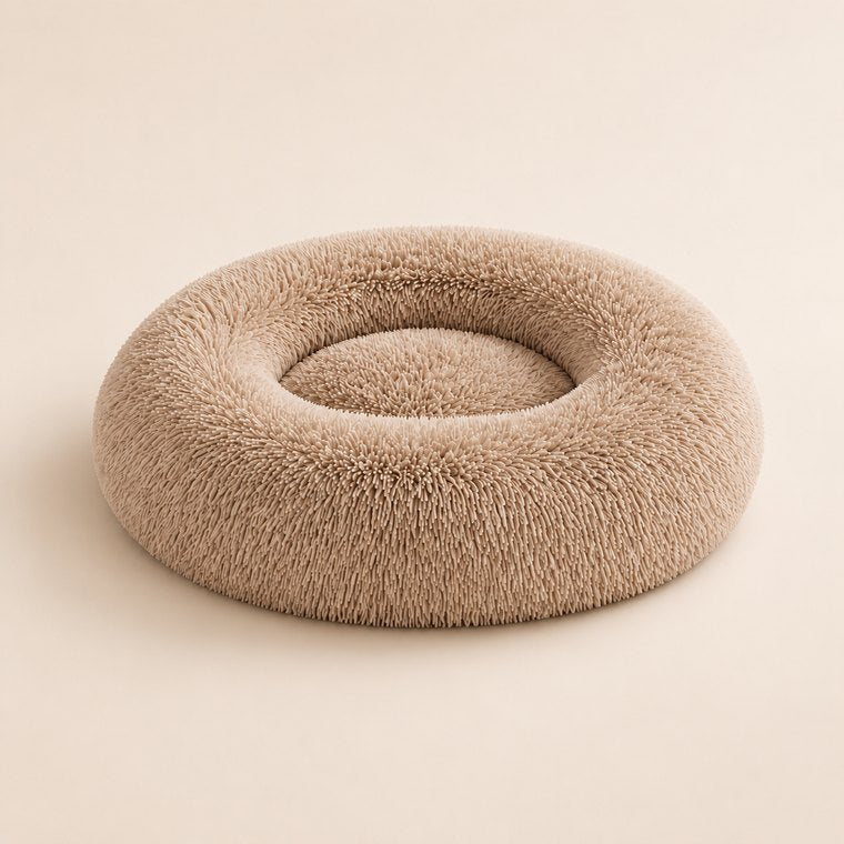 Shaggy Plush Donut Dog Bed in Beige Brown