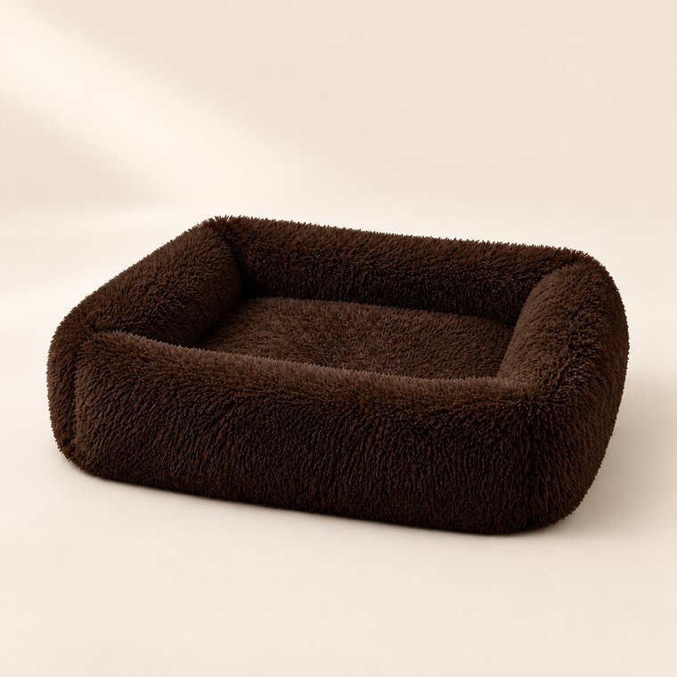 Shaggy Plush Square Dog Bed in Coffee