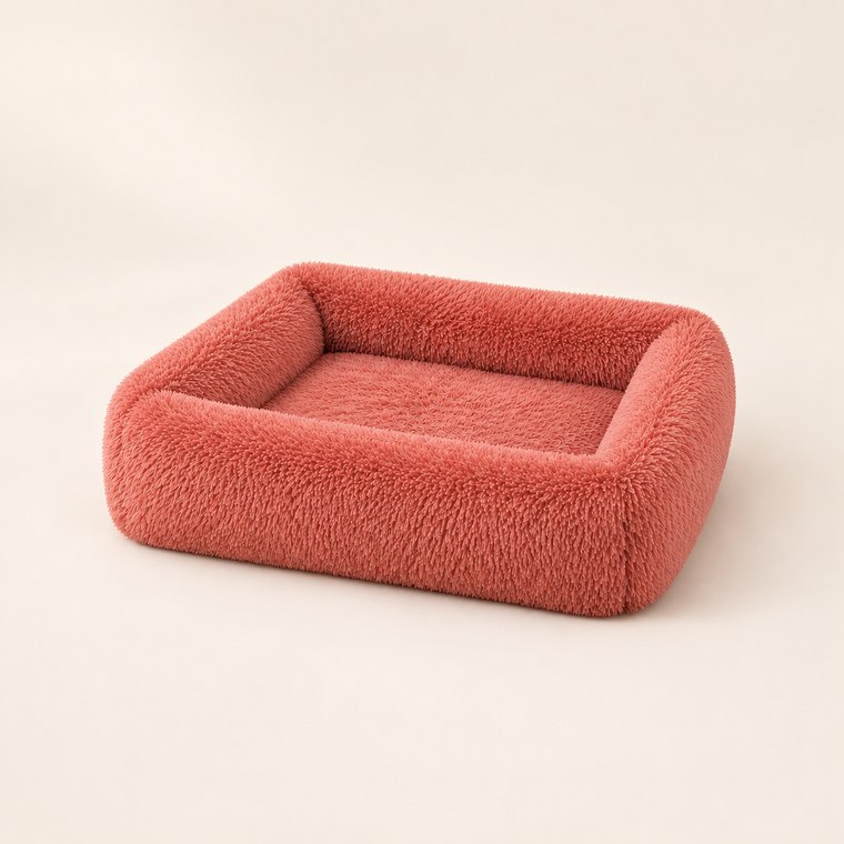 Shaggy Plush Square Dog Bed in Dark Pink