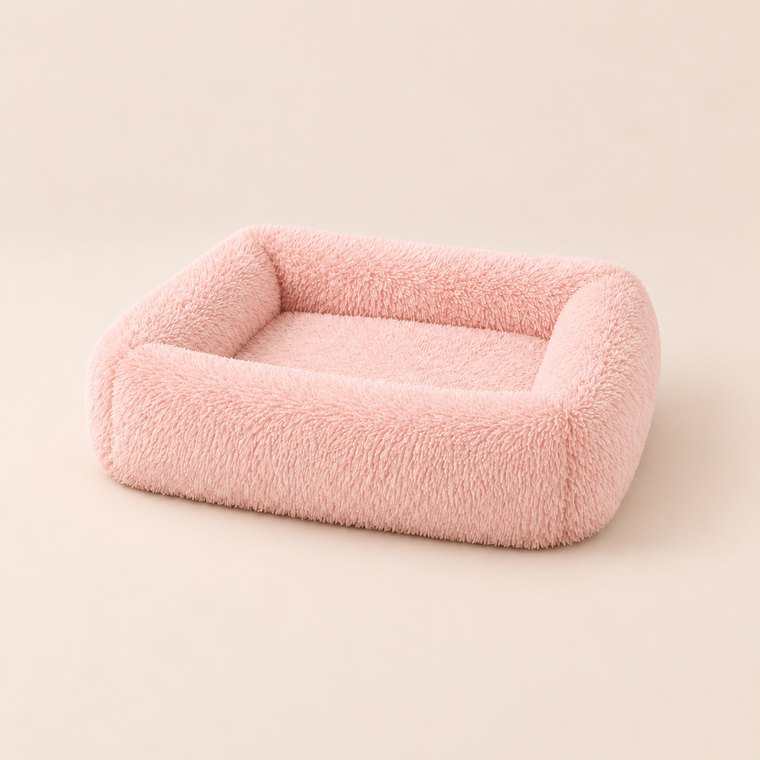 Shaggy Plush Square Dog Bed in Light Pink
