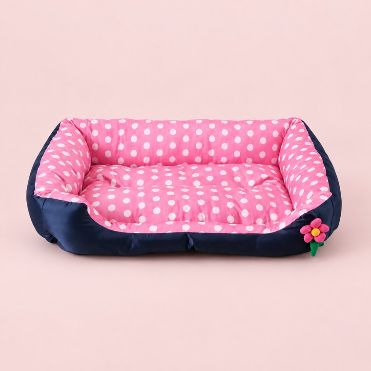 Washable Square Dog Sofa Bed in Pink Dot
